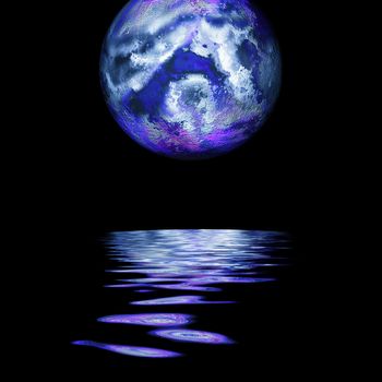 large moon reflecting over smooth waves on water  on black outer space nice web background