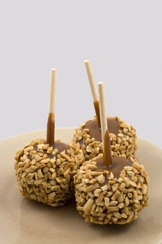 Carmel apples with nuts on a plate just in time for the holidays