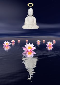 White statue of a Saint Buddha meditating upon the sea and several water lilies by night