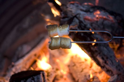marshmellow roasting on an open fire camping outside
