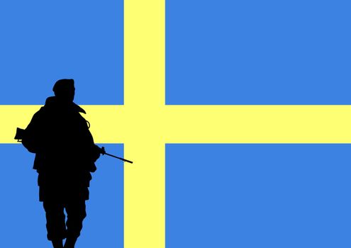 Silhouette of a Swedish soldier with the flag of Sweden in the background