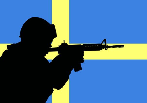 Silhouette of a Swedish soldier with the flag of Sweden in the background