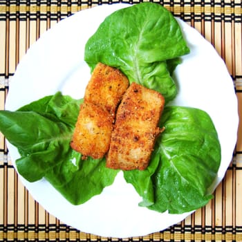 a piece of fish and salad at the table