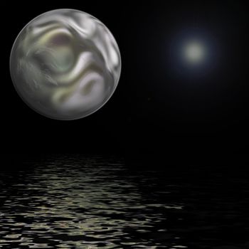 planet reflecting over water with bright star in background