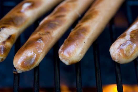 A summer bbq staple hotdogs on the grill close up shots shallow depth of view nice grill marks 