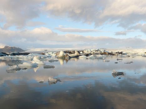 Jokulsarlon, a lake in Iceland, where icebergs collapsing from Vatnajokull glacier float around.