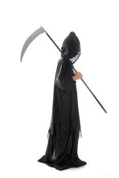 a scythe, dressed in black, on a white background