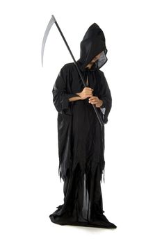 a scythe, dressed in black, on a white background