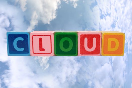 toy letters that spell cloud against a cloudy background with clipping path