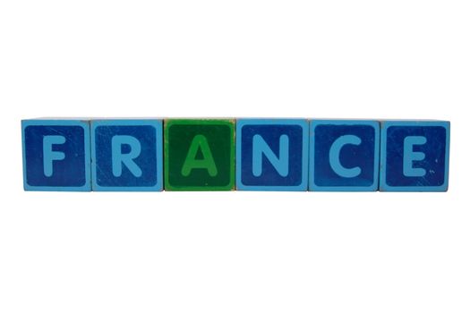 toy letters that spell france against a white background with clipping path