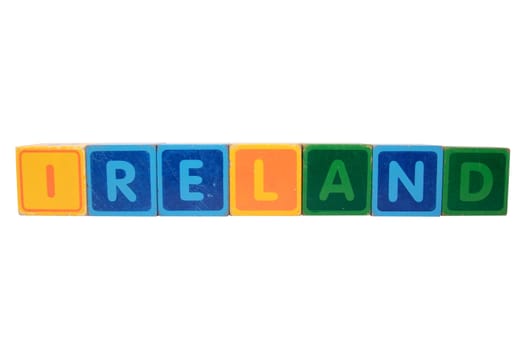 toy letters that spell ireland against a white background with clipping path