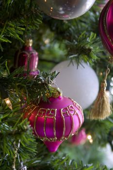 christmas bulb hanging on tree lights. nice background