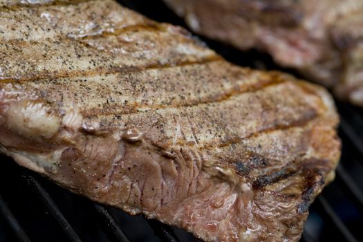 Grilling steaks on the grill nice cuts of meat close up shot shallow DOF