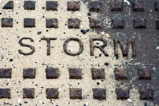 Storm Drain manhole cover rusty and washed with sand