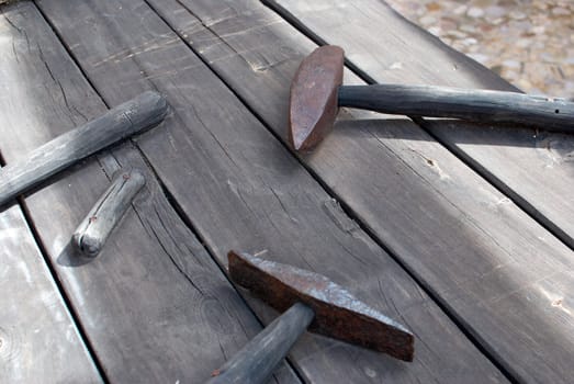 Old masonry utensils displayed in heritage workshop