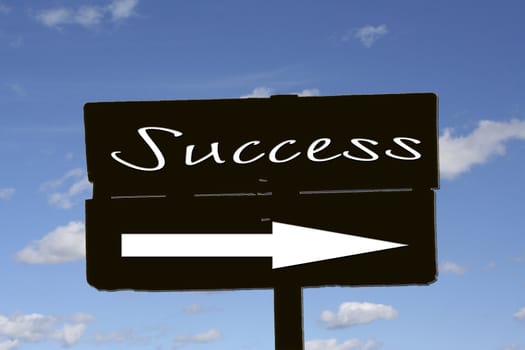 A sign with success and a arrow in front of puffy white clouds against a blue sky