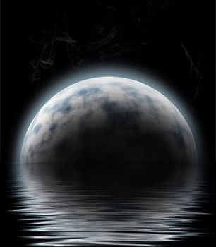large moon reflecting over smooth waves on water blurred stars on black outer space nice web background