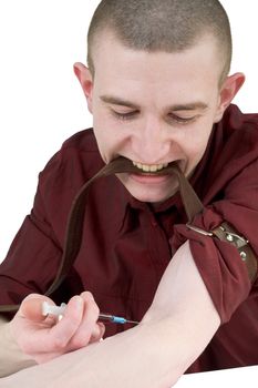 Young man to give an injection himself on white