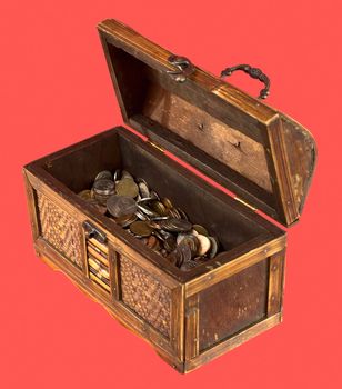  Wooden opening ancient chest with coins on red