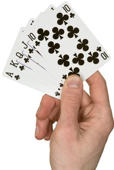 Playing cards single suit in hand on white