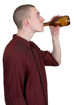 Young man with brown bottle on the white background