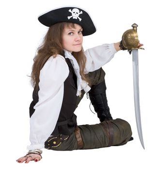 Pirate - young woman with pirate hat and rapier on white