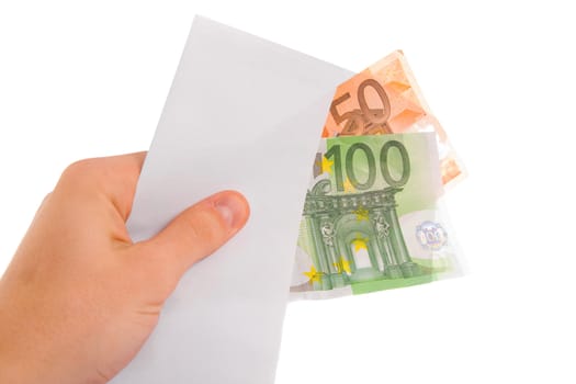 Hand holding euro money in envelope. Isolated.