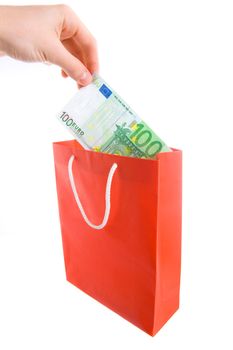 Concept of money in shopping bag. Isolated.