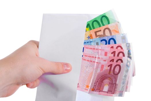 Hand holding euro money in envelope. Isolated.