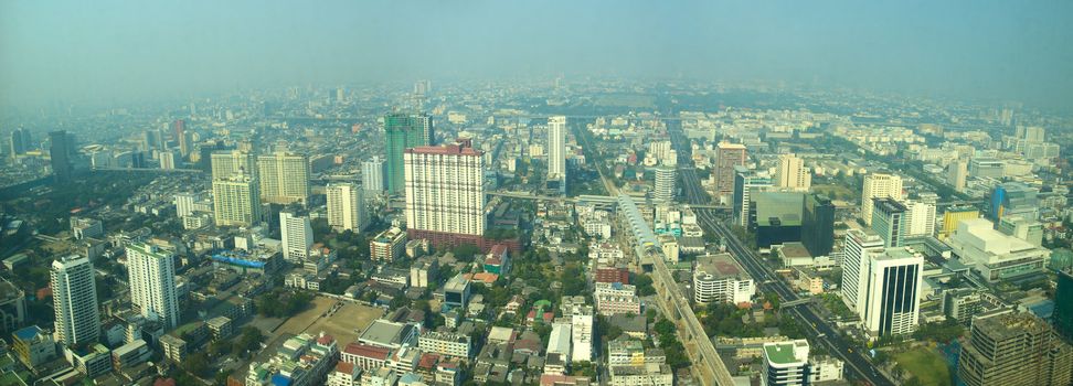 Wide angle panoramic shot of a aerial view of Bangkok downtown. Thailand