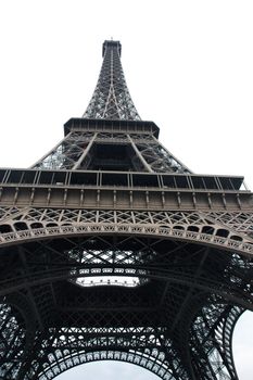 Up Shot of the Eiffel Tower with white sky