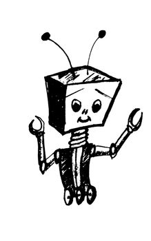 Black and white cartoon robot with antenna standing and smiling