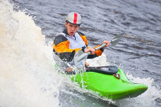 Kayak freestyle on whitewater, Russia, Msta, may 2010