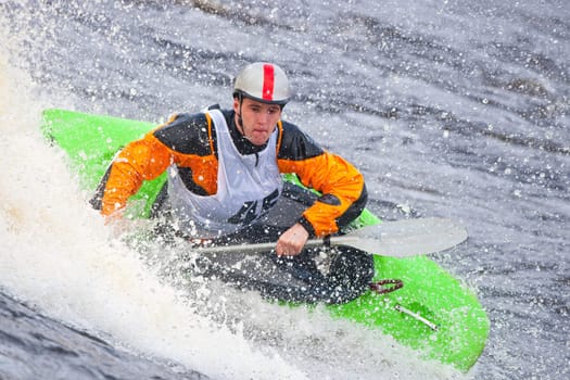 Kayak freestyle on whitewater, Russia, Msta, may 2010