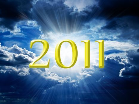 New Year's Eve against the dark sky and the sun's rays make their way through the dark clouds
