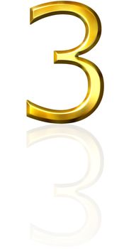 3d golden number 3 with reflection isolated in white
