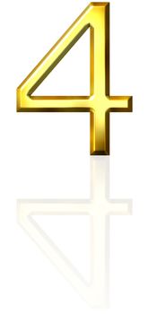 3d golden number 4 with reflection isolated in white