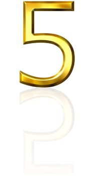 3d golden number 5 with reflection isolated in white