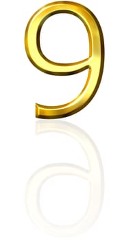 3d golden number 9 with reflection isolated in white