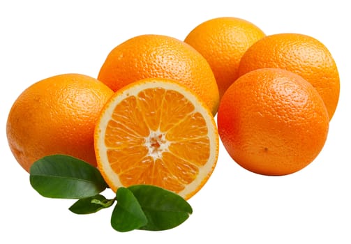 Group of oranges with leaves is isolated on a white background