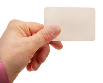 Hand with a business card isolated on white background