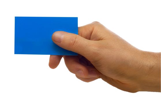Hand with a business card isolated on white background