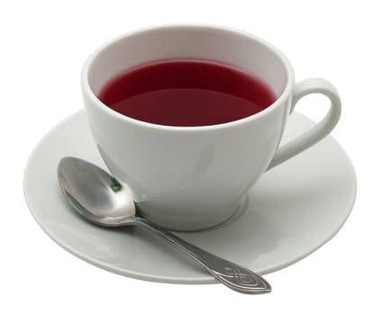 Mug of tea with a saucer and spoon isolated on white backgrou