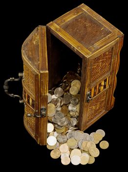 Ancient chest with Russian coins on black