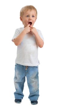 Wow! Boy of three years surprised. Isolated on whaite background