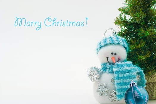 Christmas card for congratulations. Jolly Snowman and a green tree for a merry holiday.
