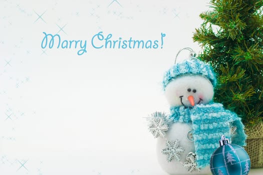 Christmas card for congratulations. Jolly Snowman and a green tree for a merry holiday.