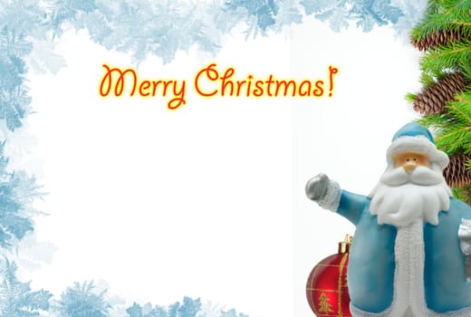 Bright Christmas card with Santa Claus. Left branch with pine needles and cones. Space for text.