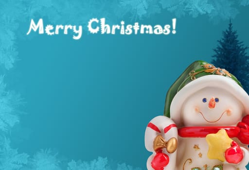 Christmas greeting card with a snowman, a xmas tree and ice frost