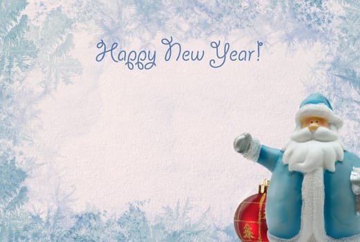 Postcard greetings for the New Year with snow and Santa Claus. Place for text.